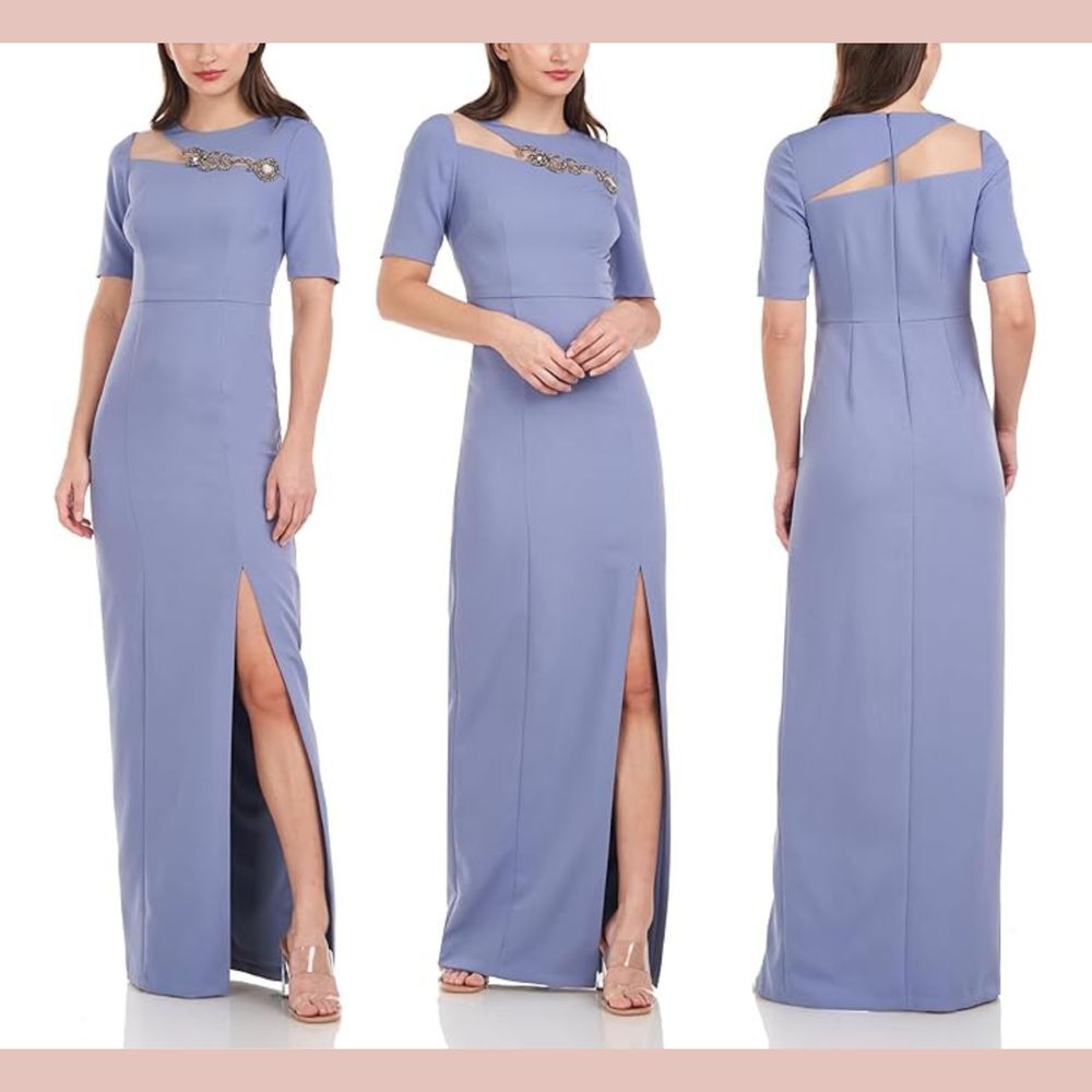 NEW JS Collections [ 6 ] Half‎ Sleeve Beaded Column Gown in Slate Blue